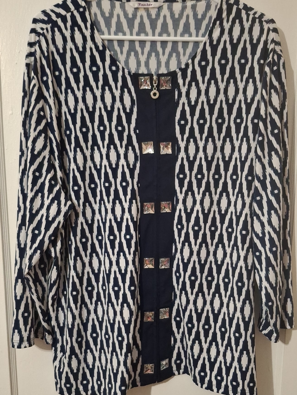 Navy & White Patterned Women's Blouse with Stud Details